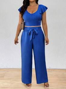 SHEIN PETITE مجموعة بحجم كبير ملابس علوية بحمالات من الكشكشة وبنطال ضيق، قطعتان - الأزرق - مشاهدة 3