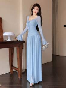 Modelyn 女士网眼系带不对称荷叶边优雅约会夜长袖连衣裙 - 藍色 - 查看 5