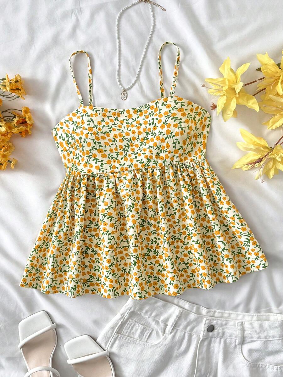 SHEIN Leap Crew 少女黄色褶皱格子樱桃水果印花荷叶边吊带背心，适合度假、节日、午餐、音乐节以及春夏季节 - 黃色 - 查看 1