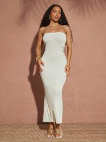 Vixey Vestido de punto transparente sin tirantes de corte ajustado hasta la rodilla para vacaciones, vestido de primavera, vestido de verano, atuendos para vacaciones en una isla, atuendos para luna de miel para mujer - Beis - Ver 4