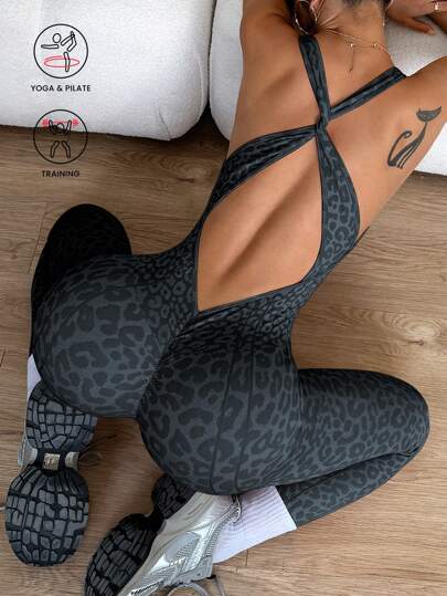 Dewbera 1pc Women's Leopard Print 7/8 Yoga Exercise Jumpsuit