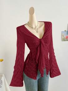 Soleia V 领系带喇叭袖纹理面料长袖衬衫，适合度假休闲 - 酒紅色 - 查看 5