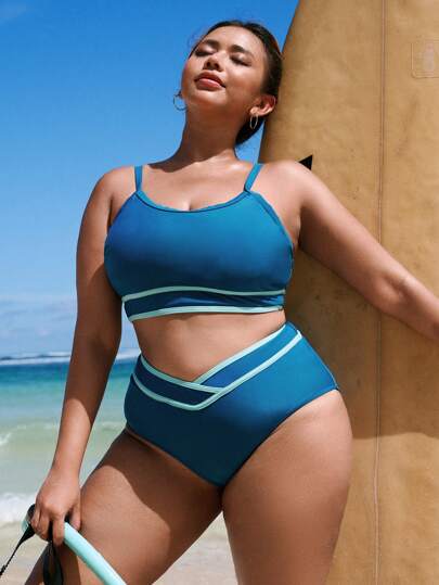 Swim SPRTY 2 piezas Conjunto de bikini de tallas grandes con tiras de espagueti de color contrastante y diseño rayado, traje de baño de vacaciones casual y sexy a la moda