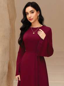 Graceveil Vestido elegante para mujer con cuello redondo, manga larga, cintura con cordón y bajo de cola de sirena - Burdeos - Ver 3