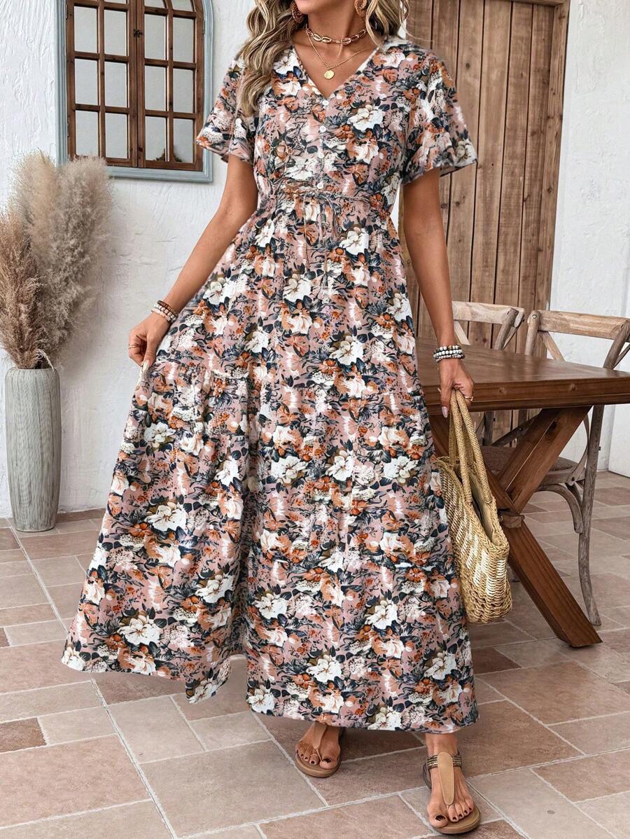 SHEIN LUNE Women's Floral Print V-Neck Short Sleeve Casual Long Maxi Dress, Suitable For Vacation