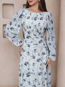 Veilorie 女士花卉印花褶饰优雅长袖连衣裙 - 藍色 - 查看 3
