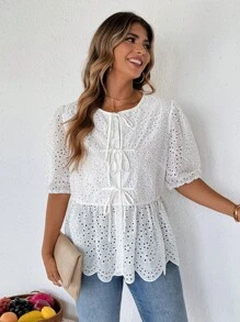 SHEIN Clasi Curvy Plus Size Women's Daily Casual Elegant Romantic White Embroidered Bubble Short Sleeve Bow Knot-Up Shirt,Summer Outfits For Women,Vacation Outfits Women,Women Summer Clothes,Going Out Tops Women,Cute Summer Tops,Women Clothing Summer,Business Casual Woman - White - View 3