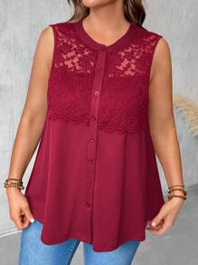 SHEIN LUNE Plus Size Women Lace Panel Round Neck Button Up Cardigan Elegant Top