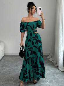Elenzga Women's Off Shoulder Strappy Hollow Vacation Dress (Random Floral Print) - Green - View 3