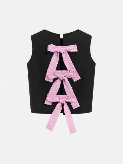 Girlism Spring/Summer Teen Girls' Solid Contrast Color Hollow-Back Bowknot Decor Personalized Fashionable Simple Versatile Short Camisole For Outdoor, Home, Back To School