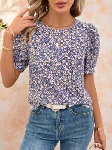 SHEIN Clasi Woven Women's Daisy Print Short Puffy Sleeve Shirt - Purple - View 3