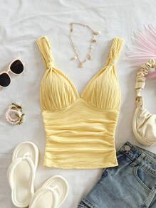 SHEIN Tall CURVE 大码夏季休闲纯色纹理褶饰吊带背心 - 黃色 - 查看 10