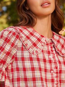 WESTFADE Floral Embroidered Gingham Ruffle Collar Short Puff Sleeve Button Up Shirt Cute Boho Top, Fall Back To School Clothes, Western Wear For Women, Autumn, Winter, Casual - Red - View 3