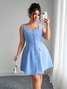 Elenzga Cardigan col carré bleu élégant et robe trapèze avec poches décoratives, grande taille - Bleu azur - Voir 3