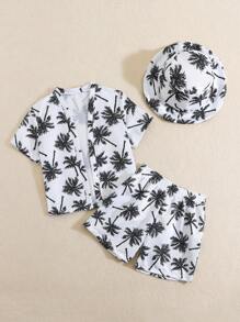 SHEIN 男童椰子树印花梭织面料泳衣套装（带帽子），适合度假 - 黑與白 - 查看 5