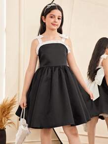 SHEIN Tween Girl Elegant Minimalist Splice Contrast Color Bow Decor Ruffle Hem Dress - Black - View 5