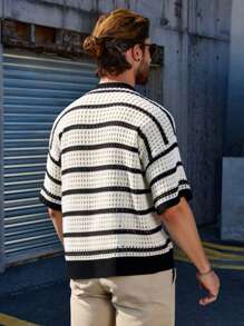 Manfinity Homme Men's Knitted Short Sleeve Top, Fashionable For Summer Men Vacation Men Knit Tops Knit Top Men Men Knitted Top Knit Men S Shirt Knitted Shirts For Men - Black and White - View 3