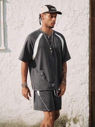 Street Life Men's Streetwear Casual Splicing Color Block T-Shirt And Shorts Set, Summer