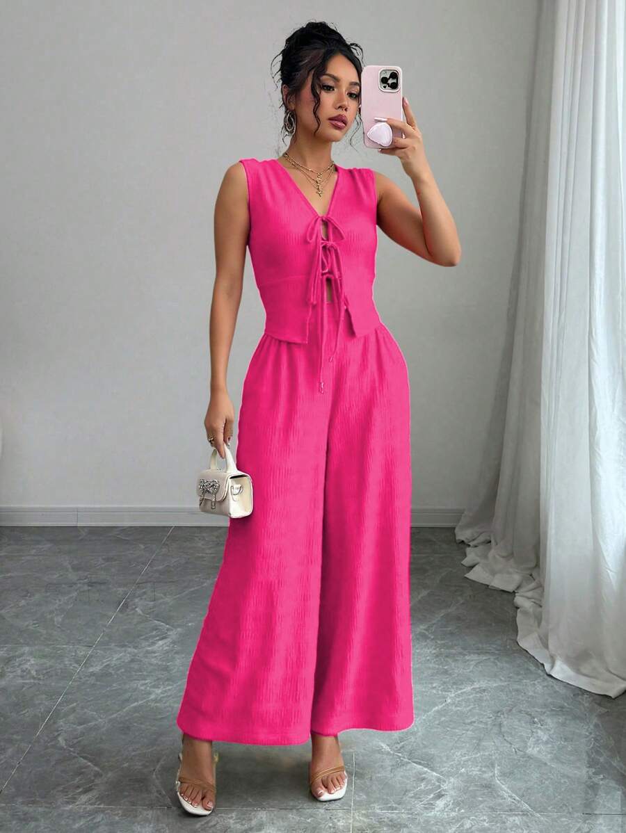 SHEIN Unity 2pcs/Set Women Summer Elegant Solid Color Front Tie ...