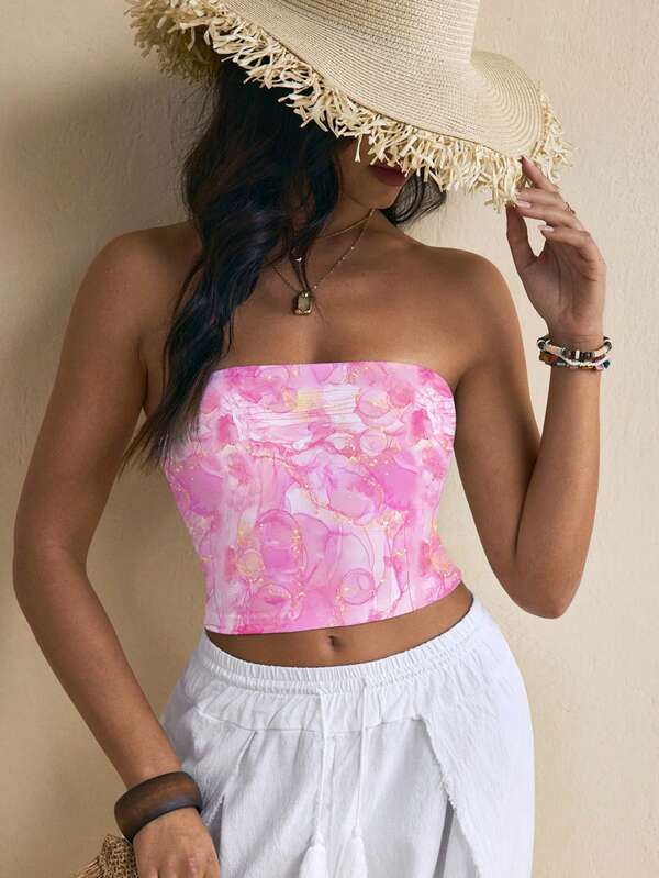 Maryam Alam Summer Beach Vacation Top de damă, slim, decupat, cu șalter, cu model de gradient de marmură roz