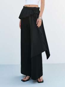 LYSMO Women's Elegant Black Polyester Asymmetrical High-Waisted Flared Leg Pants Skirt With Zipper Detail - Black - View 4