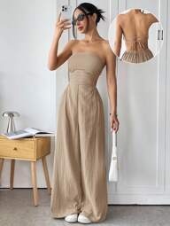 SHEIN EZwear Mono largo informal sin hombros y sin espalda 100% algodón para mujer, ideal para el verano