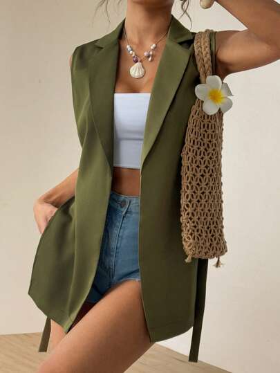 Chiquease 女式纯色翻领无袖休闲西装外套