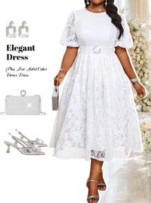 Fleurora فستان إنيق بأكمام منتفخة من الدانتيل الأبيض مع حزام مرصع بالراين لحفلات الكبار، فستان عيد الفصح، فستان تخرج، فستان لحضور حفلات الزفاف، فستان عطلة جوليات المنزلي الكبير، فستان سهرة رسمي، للحفلات