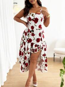 SHEIN Clasi Plus Size Women Elegant Floral Print Asymmetric Hem Slip Dress, Summer - Red and White - View 6