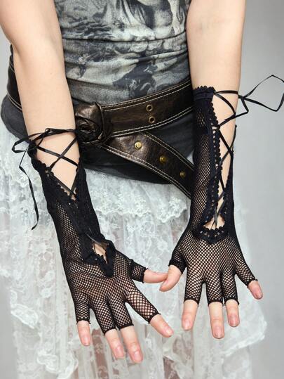 Grunge Punk 1 Pair Sexy Retro High-Quality Solid Color Lace Trim Fingerless Gloves With Strap, Thin Fishnet Hollow Out Design, Niche Fashion Elastic Gloves