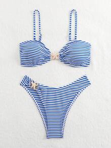 SHEIN 2pcs Women Summer Sexy Blue & White Striped Bandeau Bikini Set, Special Fabric - Blue and White - View 6