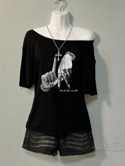 Attitoon Casual Minimalist Drop Shoulder Women T-Shirt, Suitable For Summer - Loose, Streetwear, Rock The Wild Print, Finger Print,