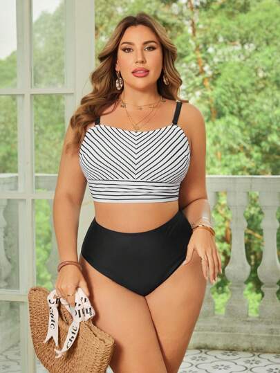 SHEIN Swim Curve 加大码简约时尚比基尼上衣，适合夏季