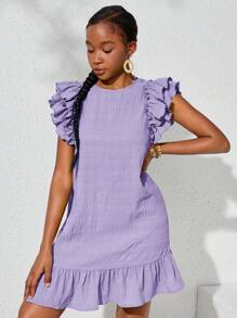 SHEIN Teen Girls Casual Jacquard Ruffle Sleeve Shift Dress