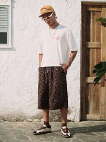 ROMWE MEN Street Life Pantalones cortos anchos de 3/4 de longitud para hombre con cintura con cordón y bolsillo, estampado de leopardo