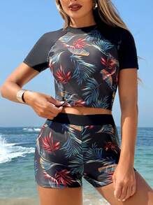Swim Lushoire 2pcs Summer Set - Solid Color Round Neck Short Sleeve Blouse With Floral Print Panels, And Solid Color Bikini Bottoms, Elegant Women Surfing Suit - Multicolor - View 3