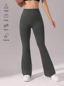 女士纯色褶皱喇叭下摆休闲健身紧身裤 - 深灰色 - 查看 7