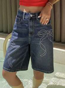 DAZY Women's Summer Loose Bowknot Rhinestone Design Casual Denim Shorts - Dark Wash - View 6