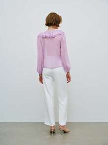 Lumivelle 女士时尚V领精致设计多层荷叶边系带宽松衬衫长袖透视上衣（紫色） - 紫色 - 查看 2