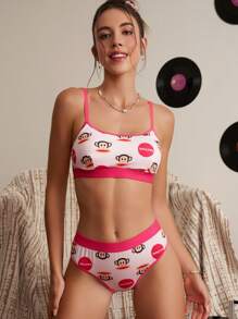 Paul Frank X SHEIN 女士卡通猴子印花粉色吊带背心文胸和内裤内衣套装 - 粉色 - 查看 4