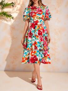 Amorya Women's Colorful Floral Print Ruffle Hem Tiered Dress - Multicolor - View 5