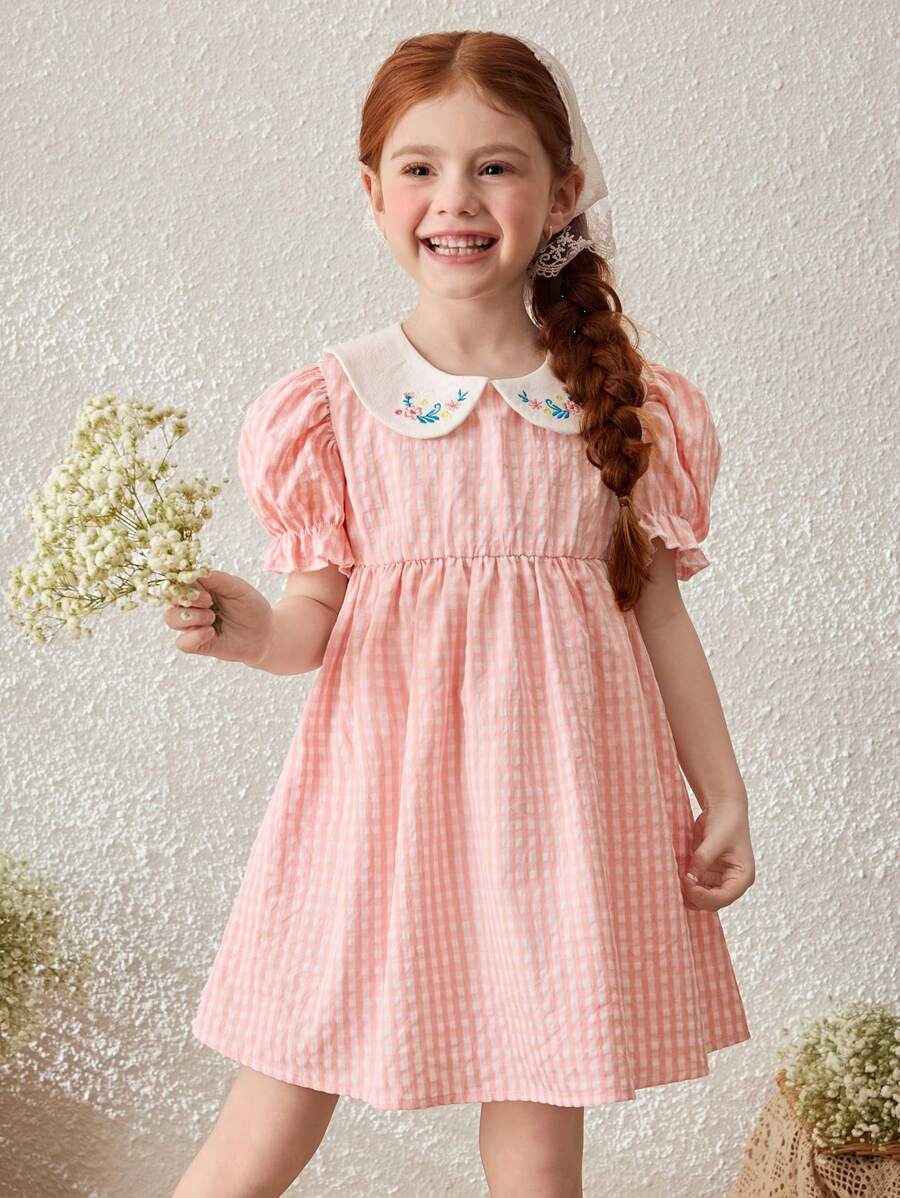 Blossori Váy tay bồng thêu họa tiết kẻ caro màu hồng cho bé gái - Nhiều màu - Xem 1