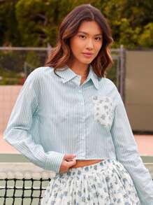 WESTFADE 棉质府绸条纹花卉印花口袋宽松短款学院风长袖纽扣衬衫休闲夏季度假上衣 - 淺藍色 - 查看 4