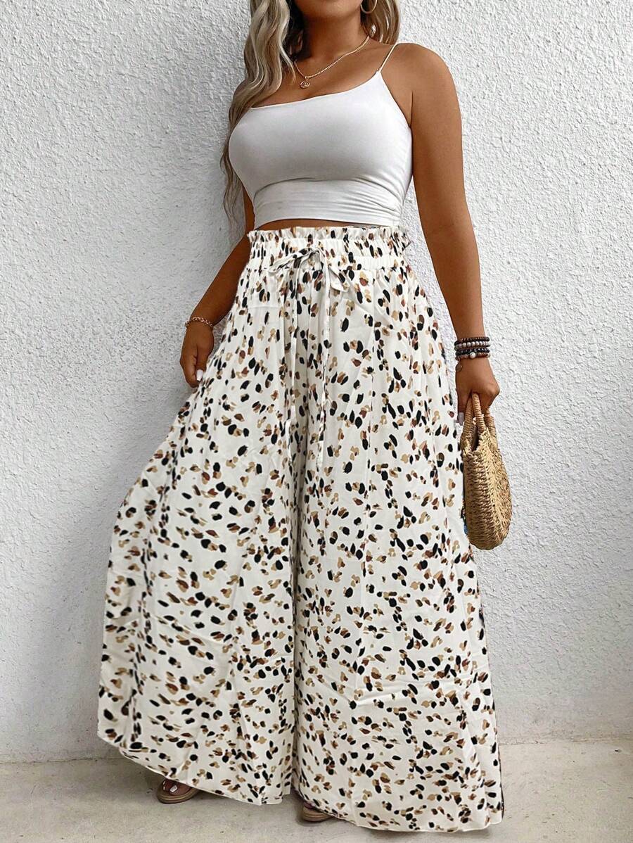 SHEIN Clasi Quần ống rộng họa tiết da báo cỡ lớn - trắng - Xem 1