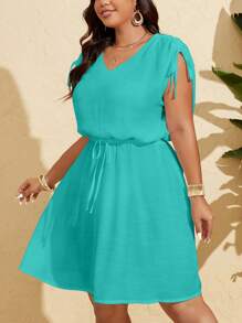 Swim Vcay Enterizo playero informal con bolsillo de cordón en la cintura en color liso para mujer talla grande - Verde - Ver 6