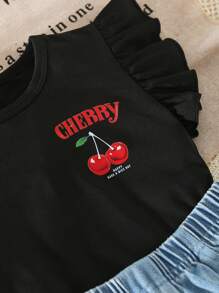 Girls Casual Daily Round Neck Short Sleeve Letter Print T-Shirt And Cherry Embroidery Elastic Waist Denim Shorts 2 Pieces Set, School, Campus, College