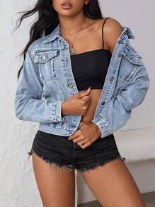 SHEIN ICON 女士纯色纽扣前口袋休闲长袖牛仔夹克 - 淺色水洗藍 - 查看 4