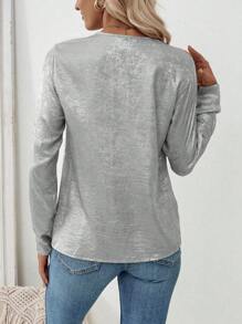 SHEIN Clasi 女士V领长袖衬衫，夏季时尚 - 薄荷綠 - 查看 2