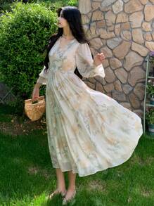 DAZY Floral Prints V-Neck Flared Sleeve Chiffon Patchwork Dress For Women, Spring/Fall Long Sleeve Dress - Butter Yellow - View 4