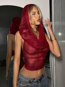 SHEIN ICON 性感亮面网纱红色上衣，打造街头时尚风 - 酒紅色 - 查看 5